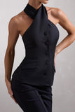 Remi Black Cross Halter Neck Tailored Sleeveless Blazer Top