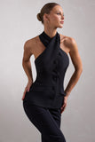 Remi Black Cross Halter Neck Tailored Sleeveless Blazer Top