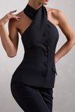 Remi Black Cross Halter Neck Tailored Sleeveless Blazer Top
