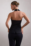 Remi Black Cross Halter Neck Tailored Sleeveless Blazer Top
