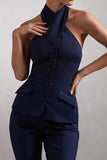 Remi Navy Cross Halter Neck Tailored Sleeveless Blazer Top