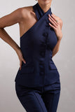 Remi Navy Cross Halter Neck Tailored Sleeveless Blazer Top