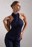 Remi Navy Cross Halter Neck Tailored Sleeveless Blazer Top