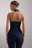 Remi Navy Cross Halter Neck Tailored Sleeveless Blazer Top