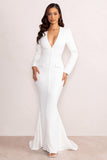 Reba White Plunge Long Sleeve Structured Maxi Dress with Front Split