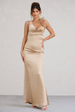 Cherish Me Gold Satin Asymmetric Cowl Maxi Dress With Feather Strap