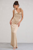 Cherish Me Gold Satin Asymmetric Cowl Maxi Dress With Feather Strap