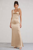 Cherish Me Gold Satin Asymmetric Cowl Maxi Dress With Feather Strap