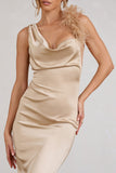 Cherish Me Gold Satin Asymmetric Cowl Maxi Dress With Feather Strap