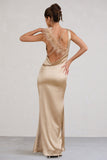 Cherish Me Gold Satin Asymmetric Cowl Maxi Dress With Feather Strap