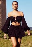 Postcard Black Lace Bardot Puff-Sleeved Crop Top