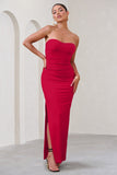 Manon Red Sweetheart Bandeau Maxi Dress With Thigh Split
