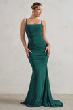 Adele Bottle Green Backless Ruched Fishtail Cami Maxi Dress