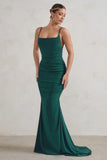 Adele Bottle Green Backless Ruched Fishtail Cami Maxi Dress