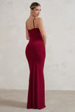 Jeanne Berry Red Plunge Ruched Cami Maxi Dress With Split