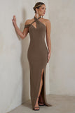 Clementine Mocha Asymmetric Neckline Maxi Dress With Thigh Split