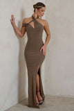 Clementine Mocha Asymmetric Neckline Maxi Dress With Thigh Split