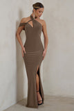 Clementine Mocha Asymmetric Neckline Maxi Dress With Thigh Split