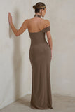 Clementine Mocha Asymmetric Neckline Maxi Dress With Thigh Split