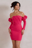 Laurie Hot Pink Bardot Puff Long Sleeve Mini Dress