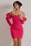 Laurie Hot Pink Bardot Puff Long Sleeve Mini Dress