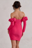 Laurie Hot Pink Bardot Puff Long Sleeve Mini Dress