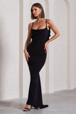 Flute Black Bodycon Maxi Dress With Ruched Ruffled Back