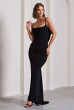 Flute Black Bodycon Maxi Dress With Ruched Ruffled Back