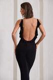 Flute Black Bodycon Maxi Dress With Ruched Ruffled Back