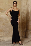 Flute Black Bodycon Maxi Dress With Ruched Ruffled Back