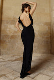 Flute Black Bodycon Maxi Dress With Ruched Ruffled Back