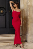 Flute Red Bodycon Maxi Dress With Ruched Ruffled Back
