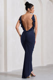 Flute Navy Bodycon Maxi Dress With Ruched Ruffled Back