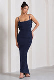 Flute Navy Bodycon Maxi Dress With Ruched Ruffled Back