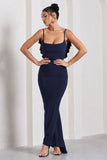 Flute Navy Bodycon Maxi Dress With Ruched Ruffled Back