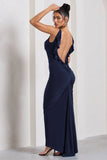 Flute Navy Bodycon Maxi Dress With Ruched Ruffled Back