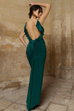 Flute Bottle Green Bodycon Maxi Dress With Ruched Ruffled Back
