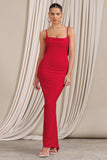 Flute Red Bodycon Maxi Dress With Ruched Ruffled Back