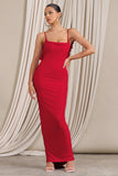 Flute Red Bodycon Maxi Dress With Ruched Ruffled Back