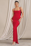 Flute Red Bodycon Maxi Dress With Ruched Ruffled Back