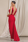 Flute Red Bodycon Maxi Dress With Ruched Ruffled Back