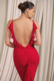 Flute Red Bodycon Maxi Dress With Ruched Ruffled Back