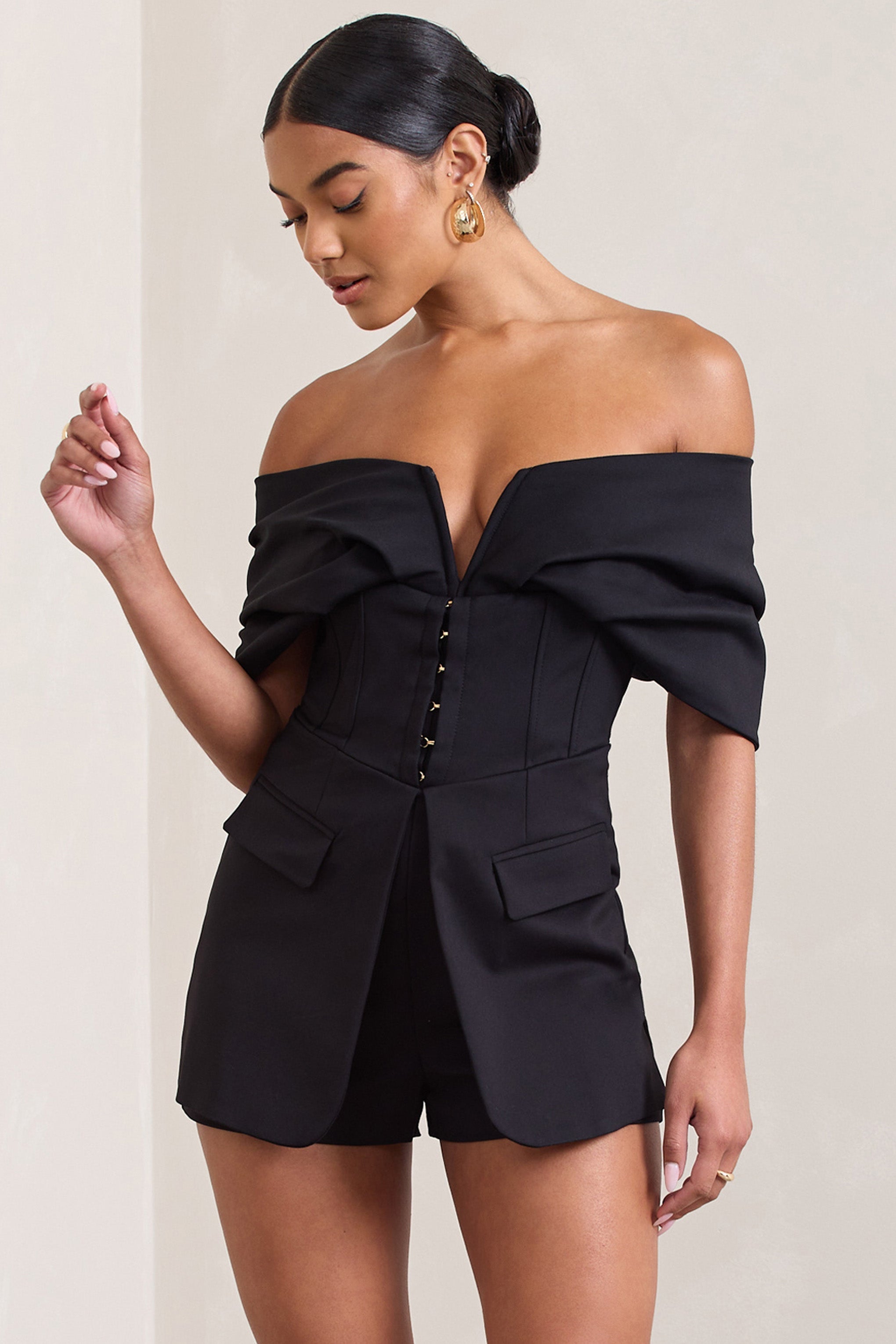 Damsel Black Cotton-Blend Corset Bardot Playsuit