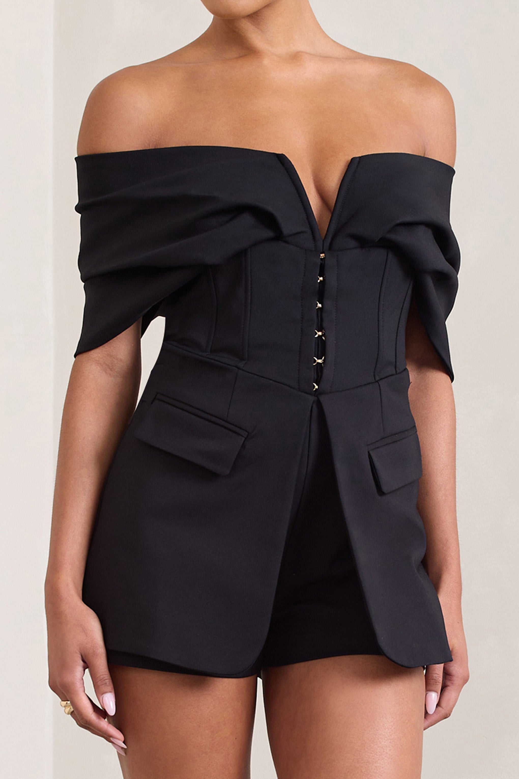 Damsel Black Cotton-Blend Corset Bardot Playsuit