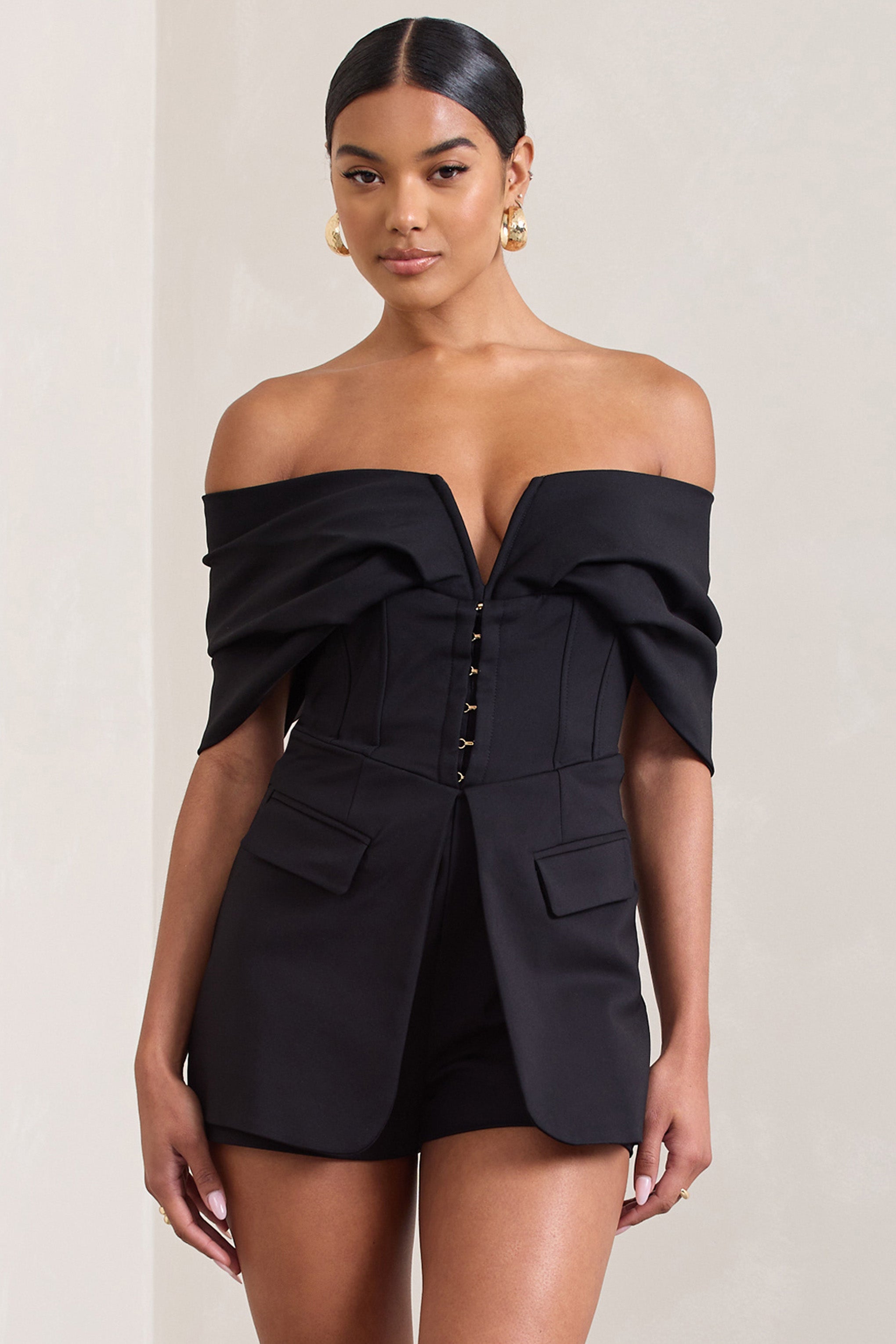 Damsel Black Cotton-Blend Corset Bardot Playsuit