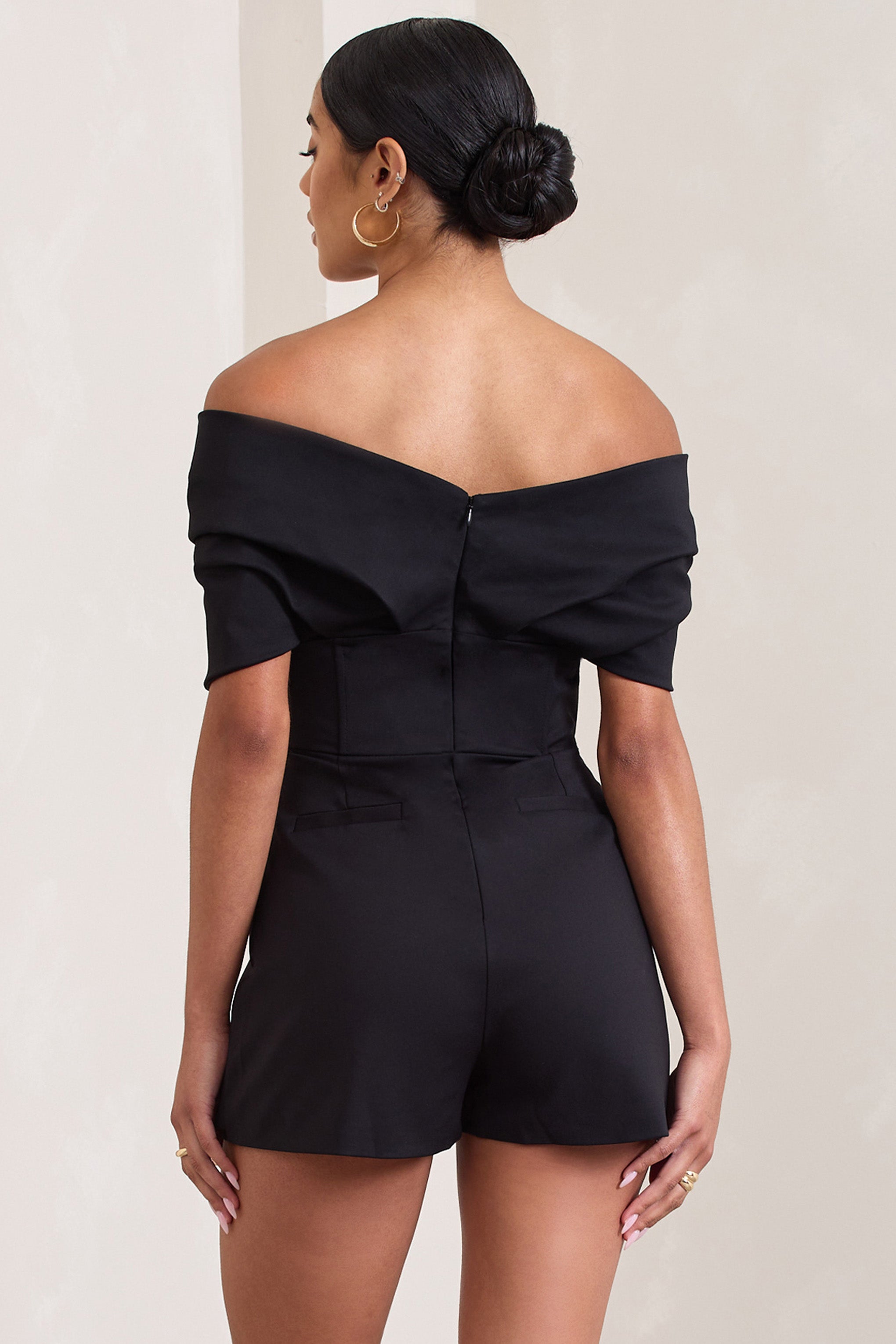 Damsel Black Cotton-Blend Corset Bardot Playsuit