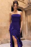 Susan Purple Bandeau Maxi Dress With Ruffled Splits
