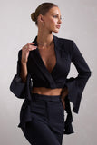 Sophie Black Cotton-Blend Tailored Cropped Blazer With Ruffled Cuffs