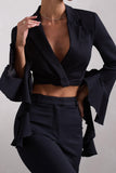 Sophie Black Cotton-Blend Tailored Cropped Blazer With Ruffled Cuffs