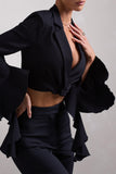 Sophie Black Cotton-Blend Tailored Cropped Blazer With Ruffled Cuffs